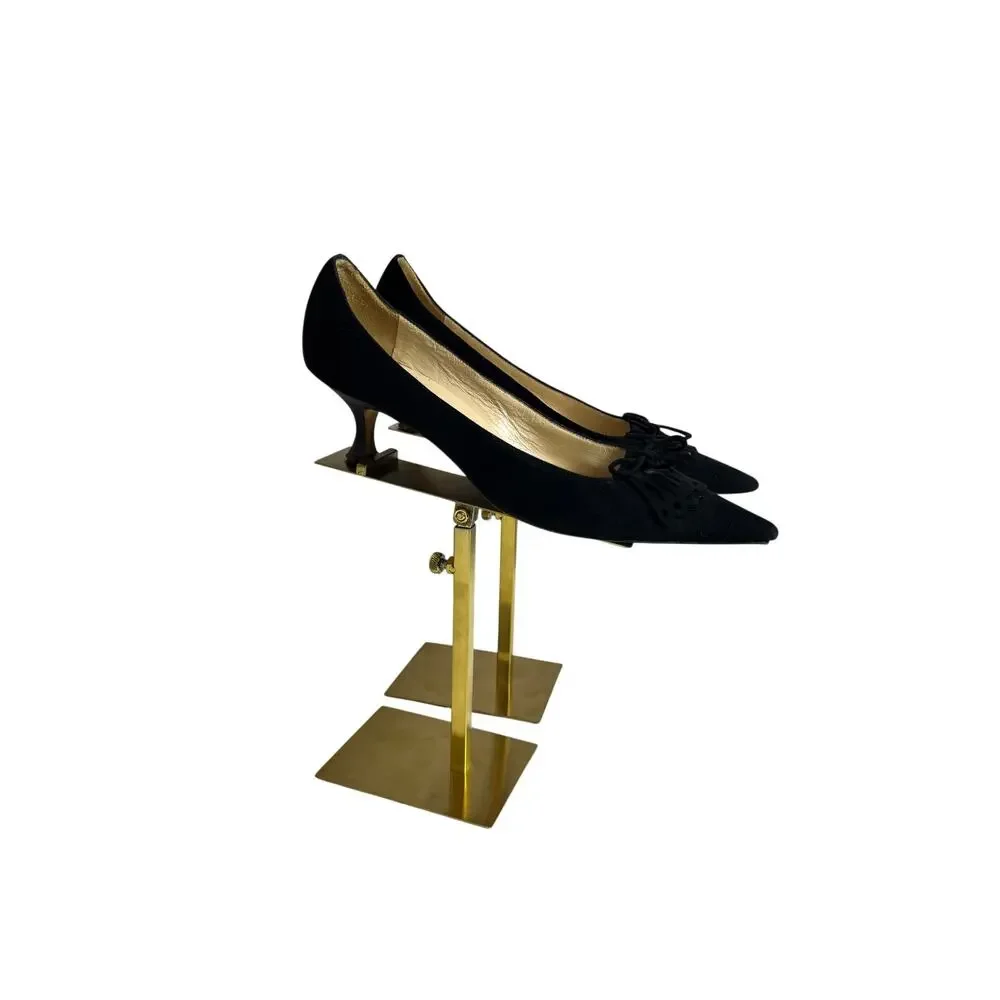 Vintage Manolo Blahnik Black Suede Bow Pumps Pointed Toe Kitten Heels 35.5